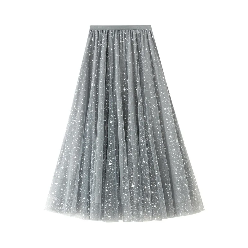 

Sky Women's Autumn And Winter Yarn Fairy A-Line Fluffy Medium Length Sequin Star Mesh Korean Skirt