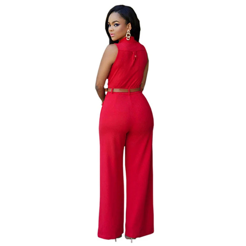 Elegant Women's Jumpsuits Belt Commuting Summer High Waist Wide Leg Button V-neck Sleeveless Casual Fashion Sexy Solid Color Bod