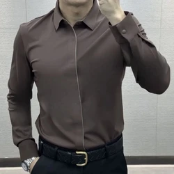 Smart Casual Spring and Autumn New Men Lapel Solid No Trace Covered Button Fashion Luxury Business Slim Long Sleeve Shirts Tops