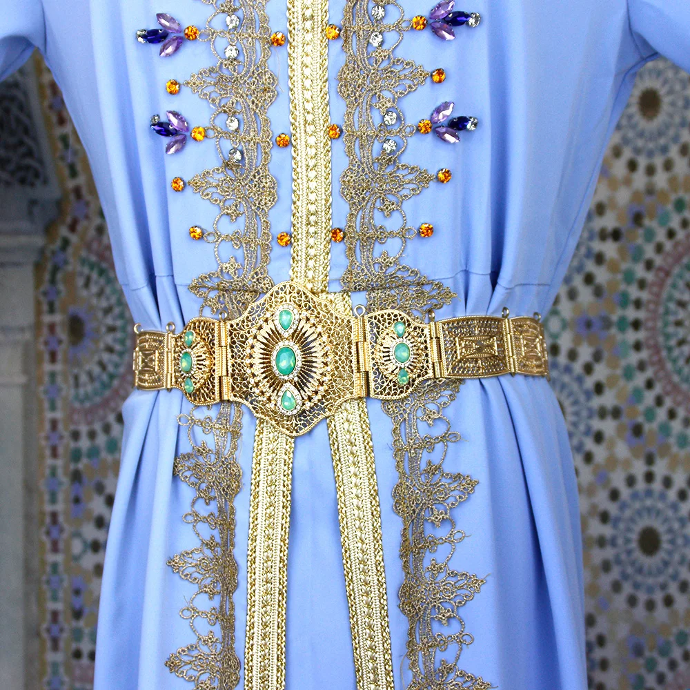 Neovisson Morocco Fashion Style Belt Women Dress Caftan Belt Gold Color Mintgreen Crystal Belly Chain Wedding Jewelry 