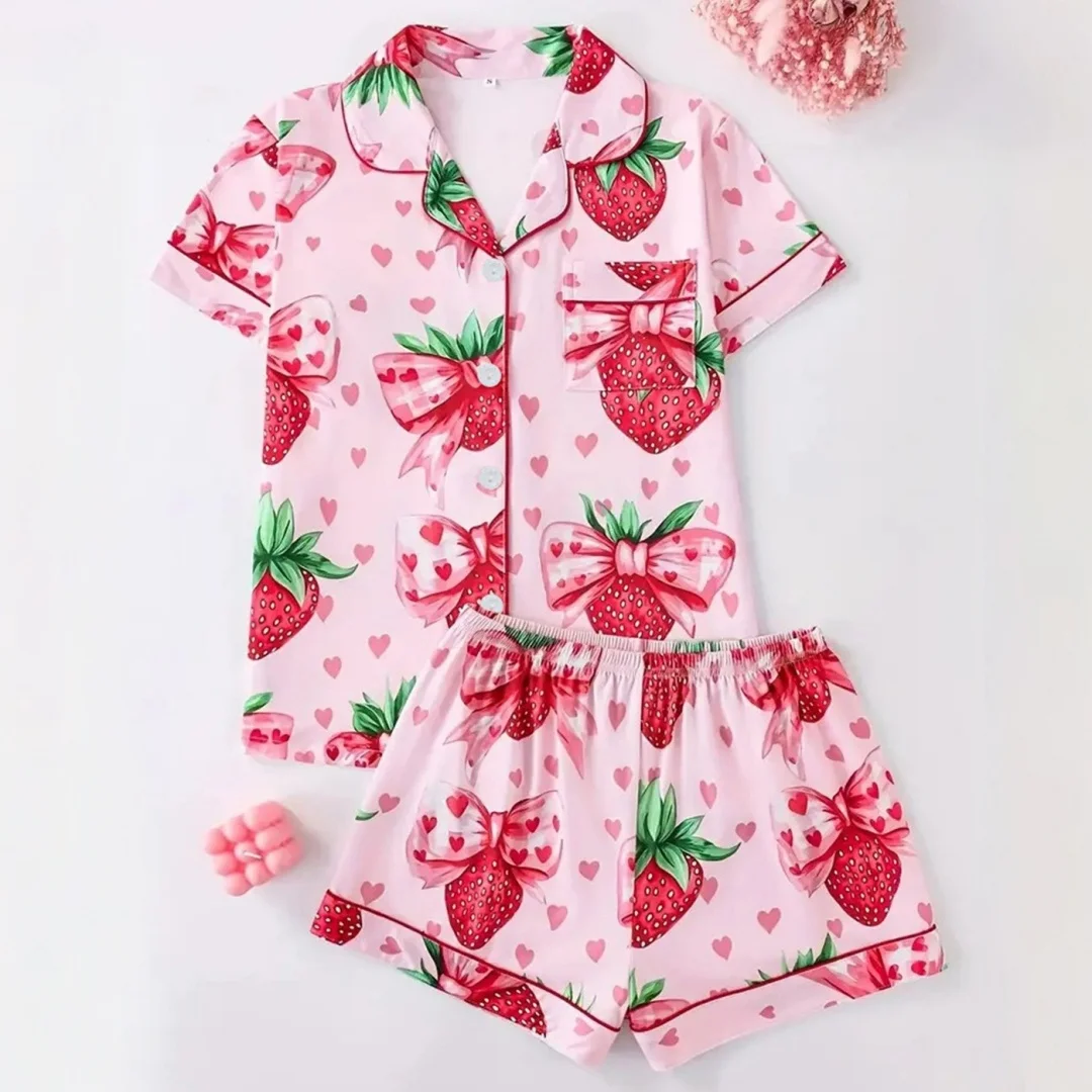 

Cute Pink Women's Pajamas Set Strawberry Printed Loungewear Home Wear with Lapels Short Sleeves and Shorts Pants Summer Gifts