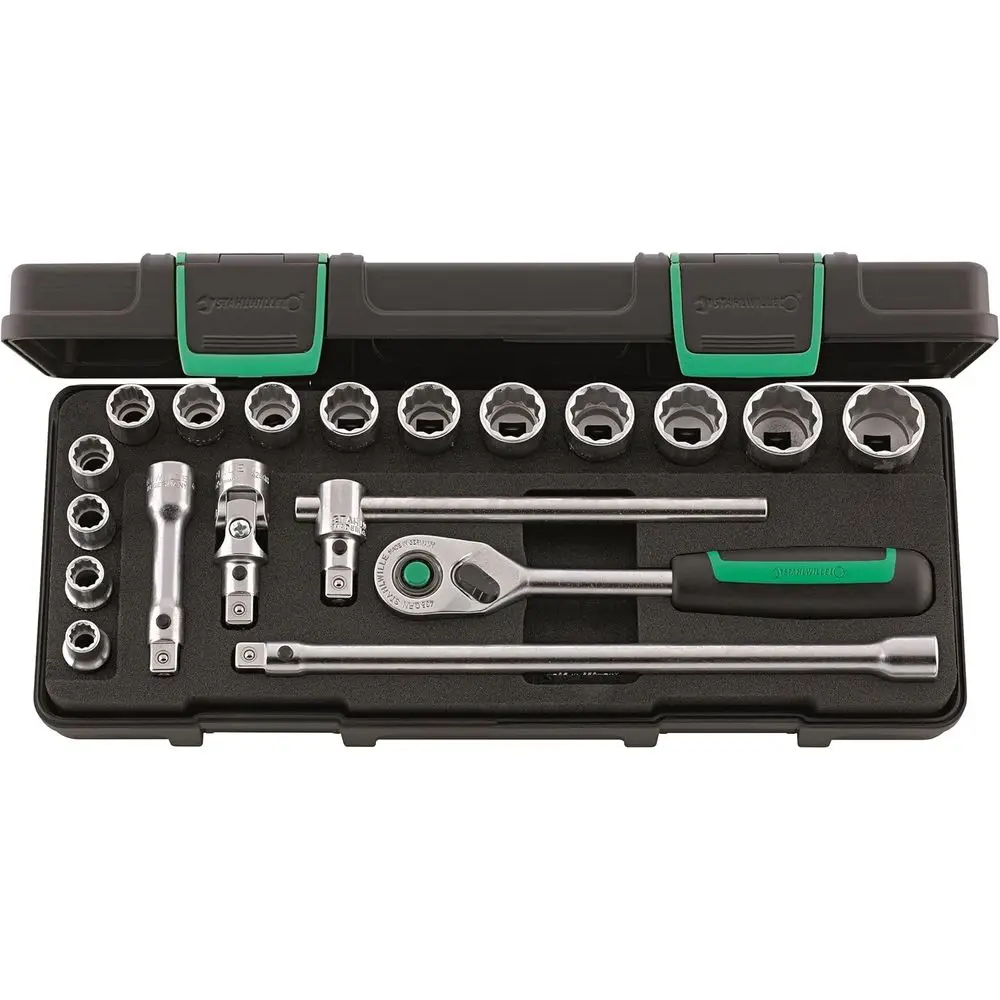 

19-Piece 3/8 Drive Socket Set with Bi-Hexagon, Ratchet, Extensions, T-Handle, and Unil Joint, Crafted in Germany