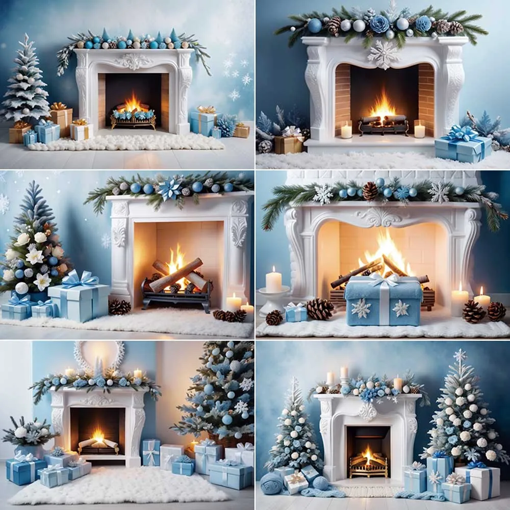 

MOON.QG Blue Christmas Fireplace Photography Backdrops Children Party Photozone Backgrounds Studio Photobooth Decoration Props