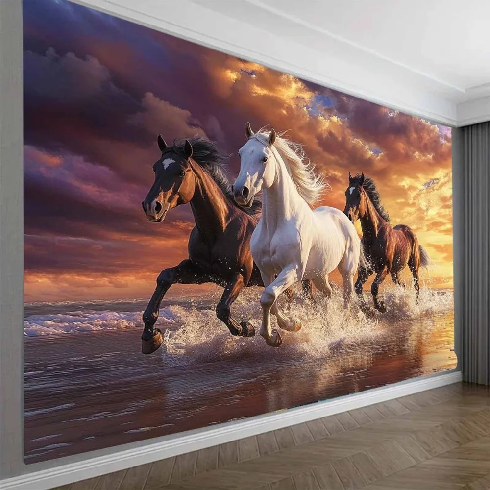 Running Horses Tapestry Wall Hanging, White and Brown Stallions Galloping on Beach at Sunset, Dynamic Animal Wall Art for Living