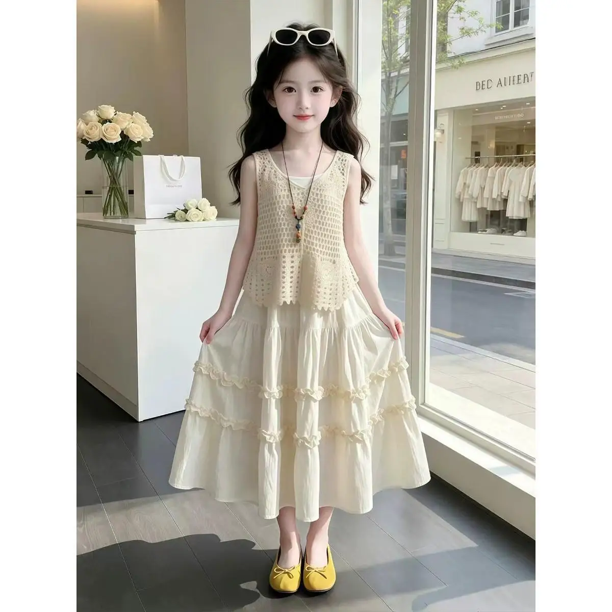 Girls Summer Outfit 2026 New Style Children's Ruffle Hollow Vest Strap Top Half Skirt Three-Piece Set