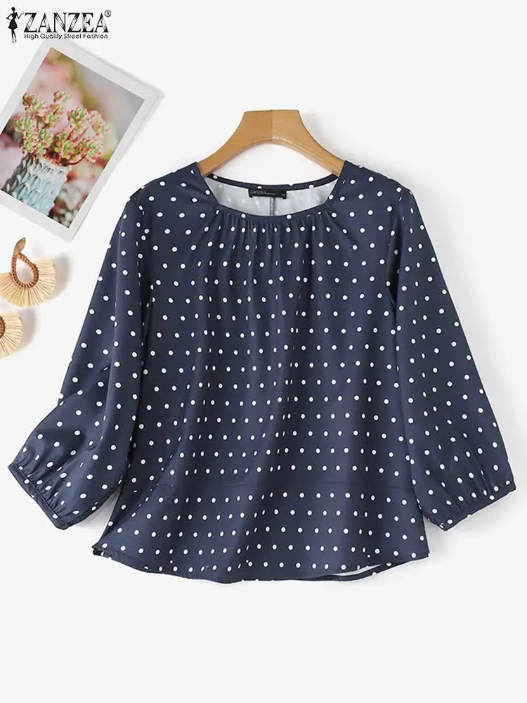 ZANZEA Women Korean Loose Blouse 2024 Autumn Vintage 3/4 Lantern Sleeve Tops Fashion Dots Print Tunic Elegant Round Neck Blusas