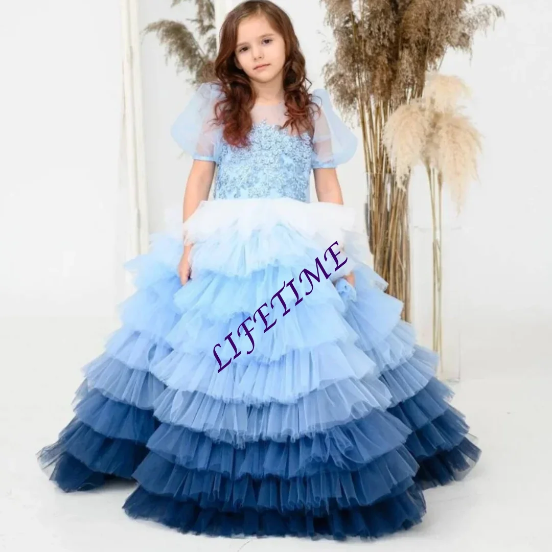 Blue Ombre Flower Girl Dress Ball Gown Junior Bridesmaid Wedding Graduation Party Prom Customizable Girls Dress