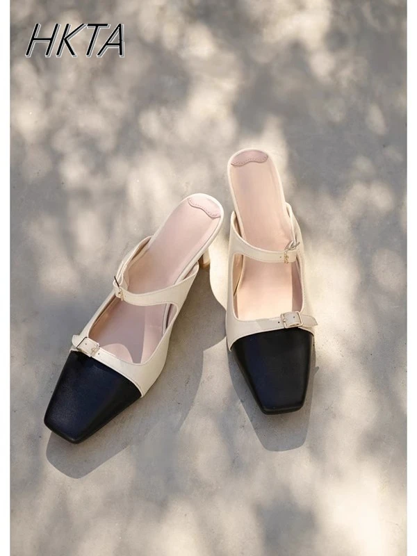 

Japanese Niche High-heeled Sandals Women Summer Color Matching Bag Head Thick-heeled Sandals Slippers Comfortable Single Shoes