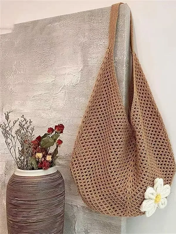 Nowa ażurowa torba plażowa w kwiaty, codzienna torba typu tote o dużej pojemności, torba crossbody, tkana torba młodzieżowa na jedno ramię, torba na co dzień.