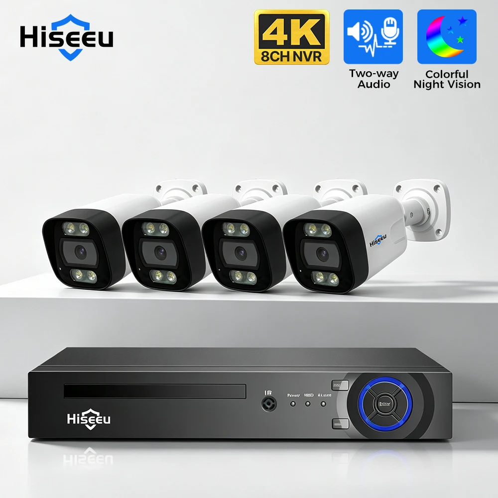 Hiseeu H.265 8MP POE Security Camera System 8CH NVR Facial Recognition Full Color Night Vision Outdoor Network Camera Monitoring