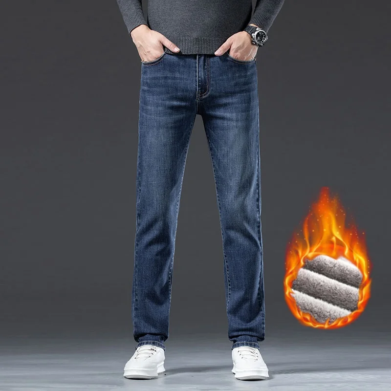 Nuovi jeans spessi invernali per pantaloni in denim dritti sottili elastici caldi in pile da uomo Pantaloni casual in velluto da lavoro Pantaloni da uomo di marca