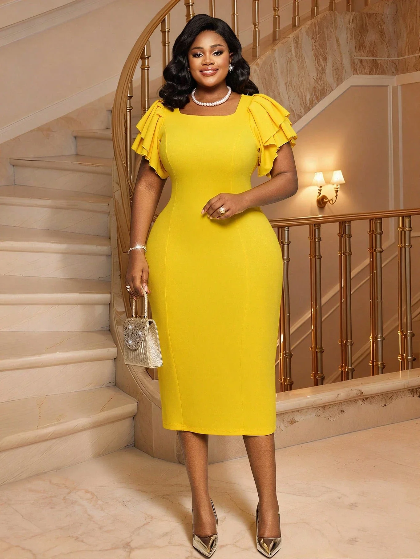 

Bright Yellow Plus Size Midi Dress With Flared Ruffle Sleeves, Bodycon Fit For Office, Wedding, Party, Graduation, Spring Summer