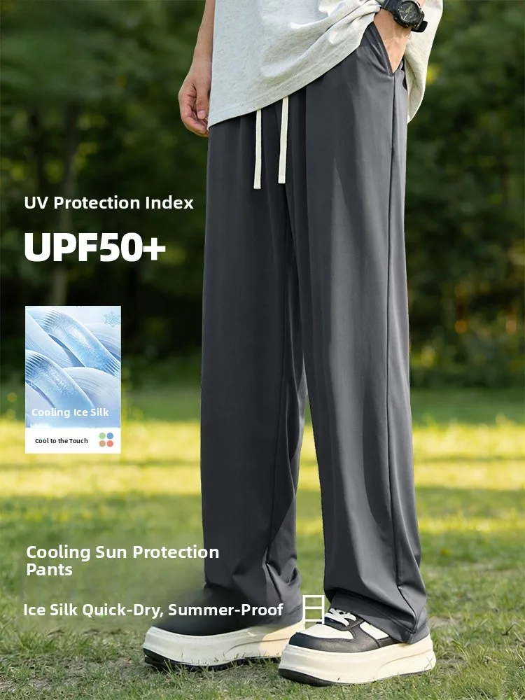 

Men's Summer Thin Ice Silk Pants Loose Casual Straight Leg Qui Dry Sport Sun Protection Long Trousers Breathable Polyester ...