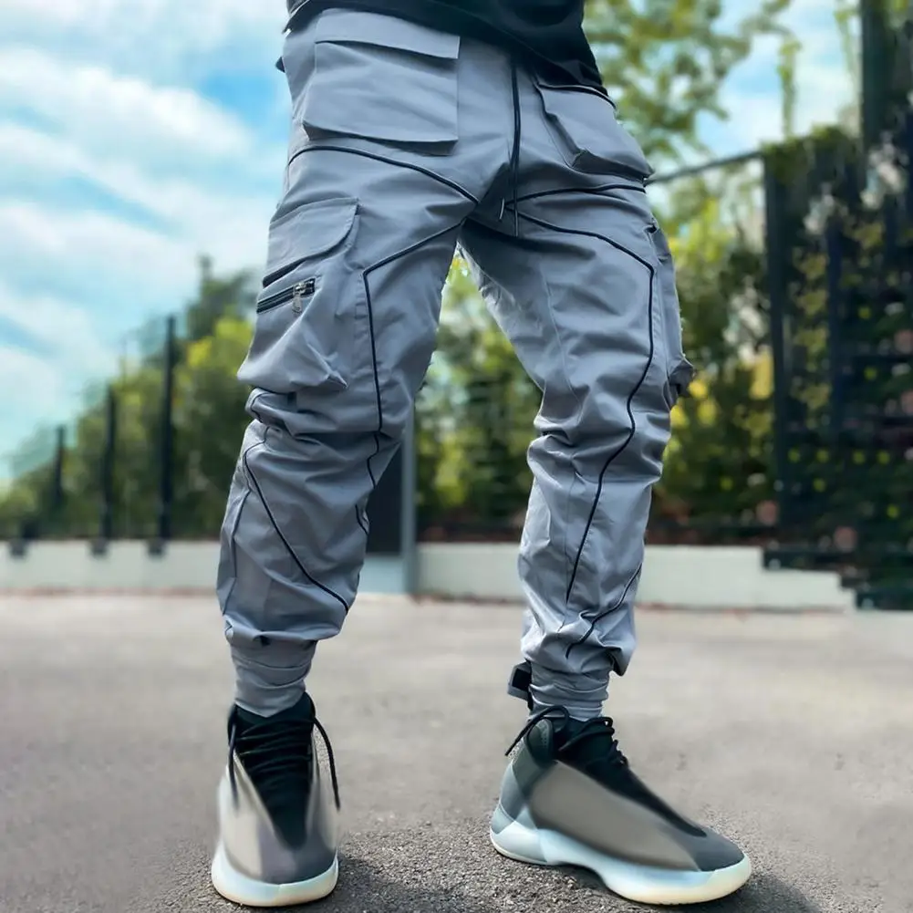 Trousers Multi-pocket Pants Reflective Patchwork Cargo Pants for Men with Ankle Bands Multi Pockets Loose Fit for Outdoor