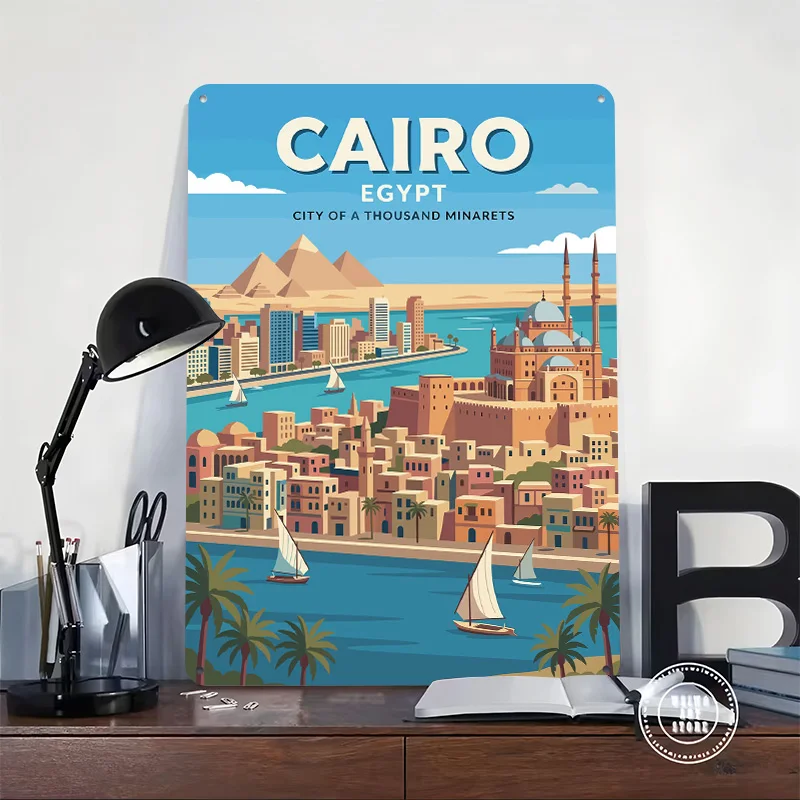 Cairo Egypt Cityscape With Pyramids Personalized 3D Textured Metal Poster Wall Art Tinplate Sign for Vintage Decor Room Home Tin