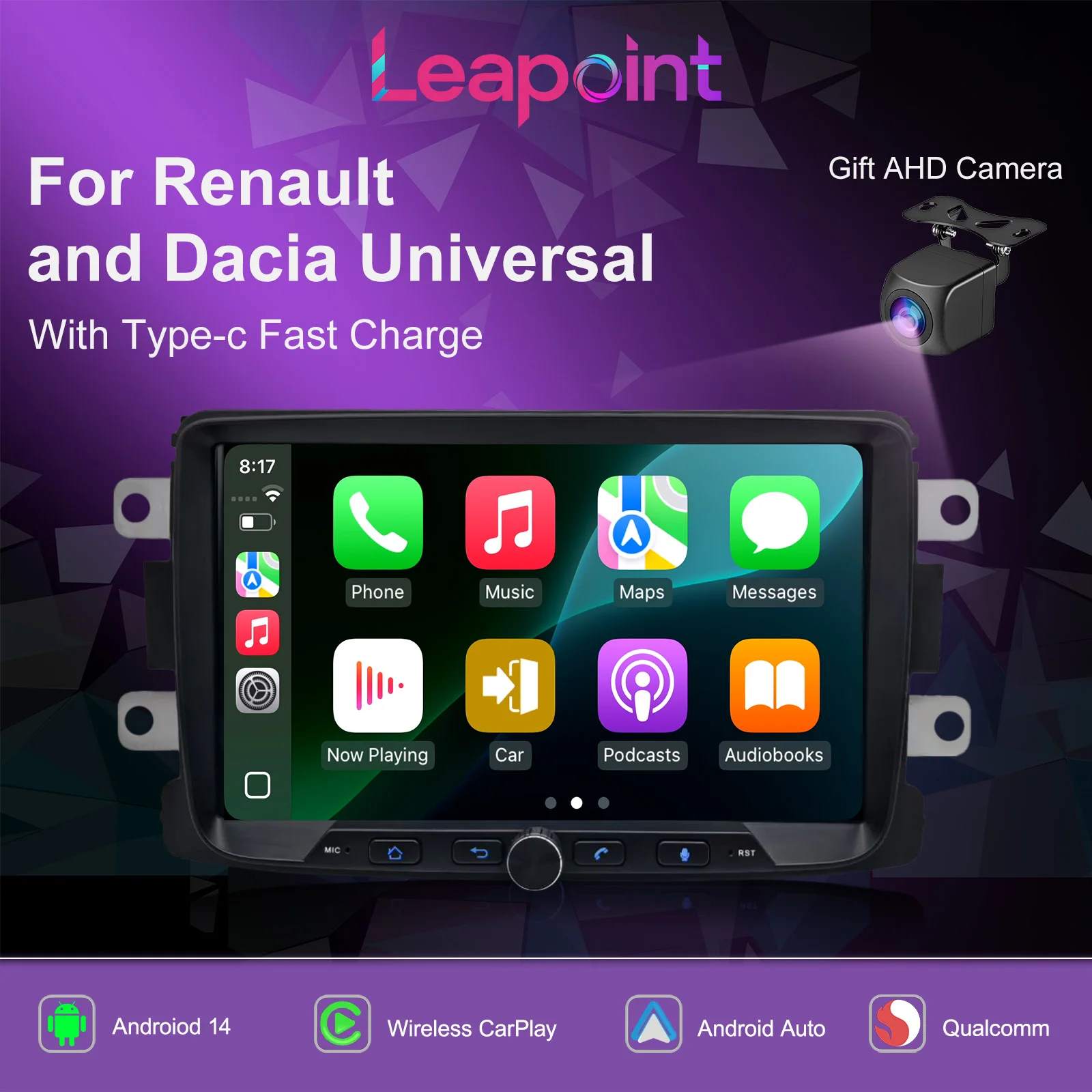 

Leapoint Android 14 Car Radio Carplay Multimedia Player For Renault and Dacia 8 inch Universal Qualcomm DSP Car Autoradio 2din