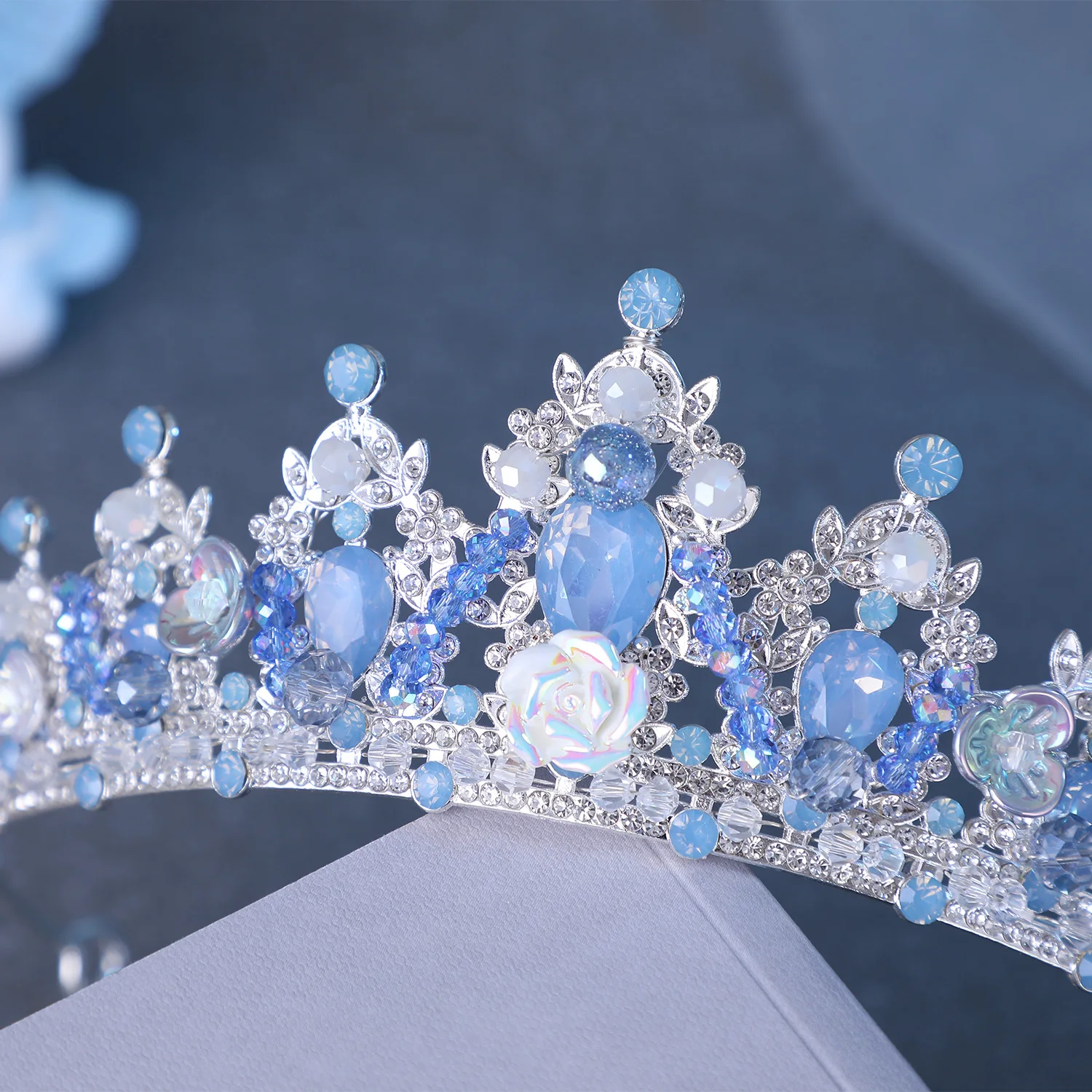 Handmade Blue Protein Crystal Rhinestone Tiaras Crowns Flower Beads Princess Queen Diadem Wedding Hair Accessories