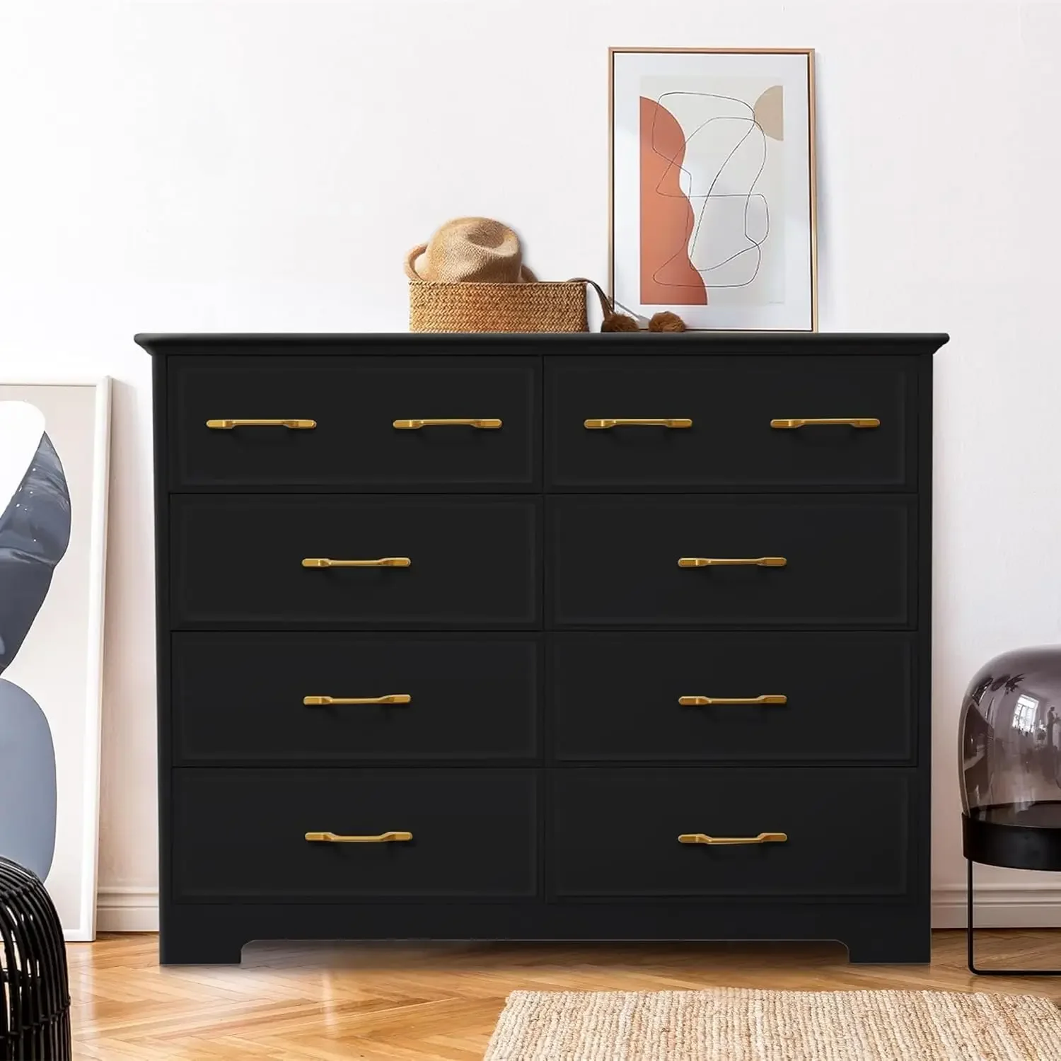 8 Drawer Dressers For Bedroom Large Black Dresser 40 Inch Wide Dresser With Gold Hardware Wooden Chest Of Drawers