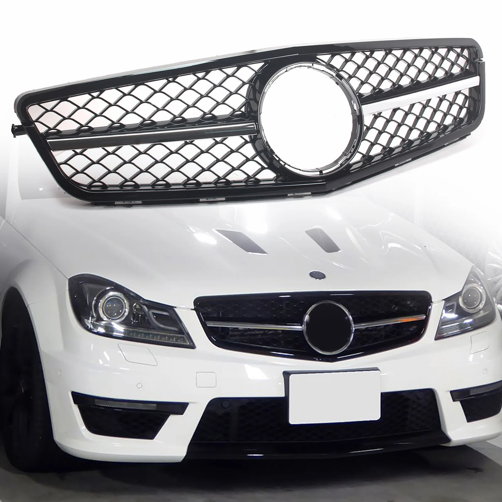 فضي أسود المصد الأمامي شواء الأوسط صافي بعد جزء السوق استبدال لمرسيدس بنز W204 C-Class 2007-2014 بدون شعار