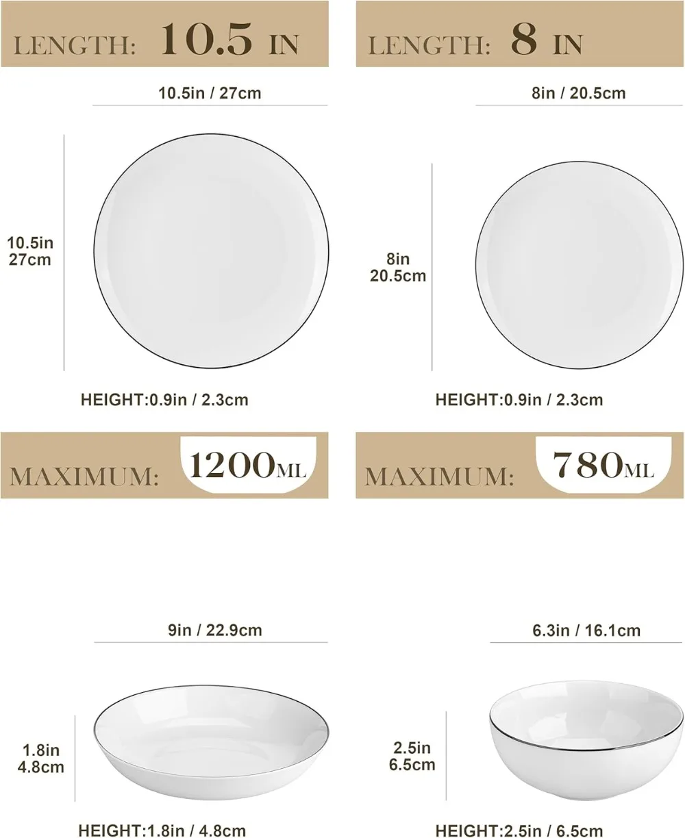 MALACASA 24-Piece Gourmet Porcelain Dinnerware Sets, Modern White with Black Rim Round Dish Set for 6 - Premium Serving