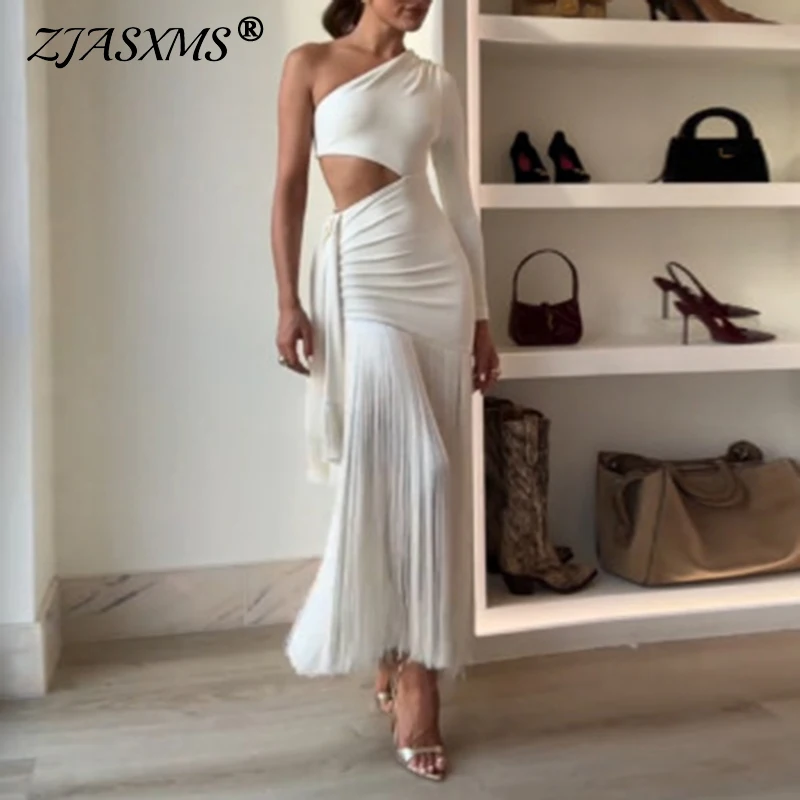Irregular Ruched Sexy Maxi Dress For Women One Shoulder Sleeveless Hollow Out Long Dress Slim High Waist Backless Tassel Dresses