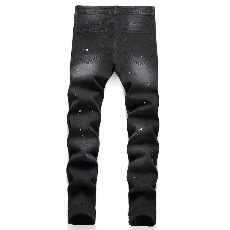 Men's Y2K Fashion Ripped Patchwork Hole Straight Black Jeans Slim Fit Stretchy Skinny Denim Pants Casual Hip Hop Brand Trousers