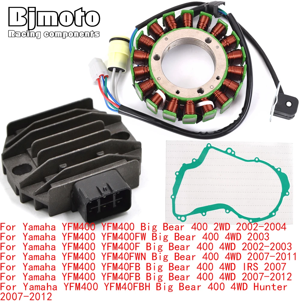 

For Yamaha YFM400 YFM400 FW F FB FWN Big Bear 400 2WD 4WD IRS Engine Stator Coil+Voltage Regulator rectifier With Gasket