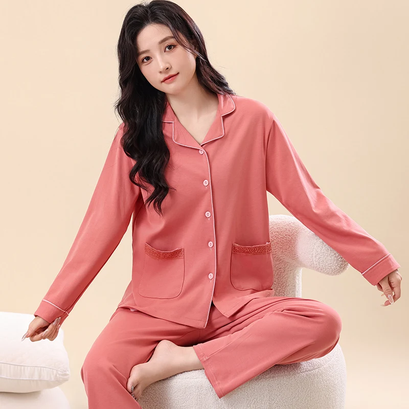 

Ladies Full Pure Cotton Pajamas Set Long Sleeve Pyjamas Female Lapel Cardigan Pijama Mujer V-Neck Home Wear Sleep Wear For Women