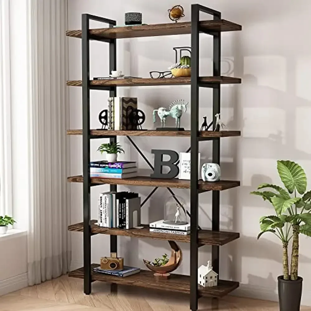 5 Tier Solid Wood and Metal Bookshelf Rustic Office or Home Bookcase with Open Shelving 76