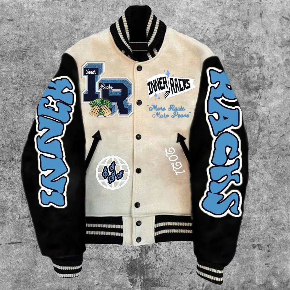 Uniforme de béisbol estampado para hombre, chaqueta de béisbol americana de invierno, Hip Hop, prendas de vestir gruesas y cálidas, chaqueta de tendencia urbana universitaria bordada