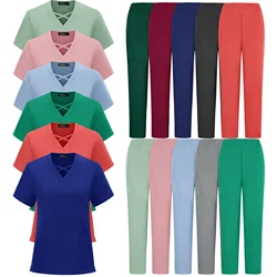 Effen Kleur Scrub Tops Huisdier Ziekenhuis Uniform Top Chirurgische Jurk Zak X-Hals Scrub Broek Voor Vrouwen Jogger Verpleegkundige Uniformen Werkkleding