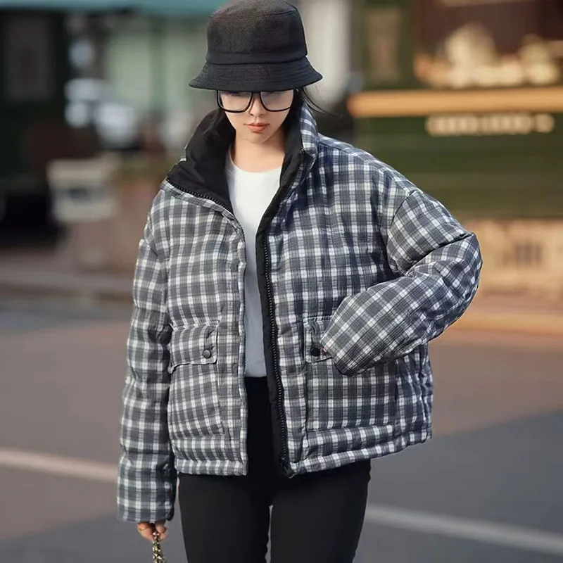 

Winter Short Grid Puff Stand Collar Down Jacket Women White Duck Down Parker Outwears Female Fluffy Thick Warm Zipper Jackets