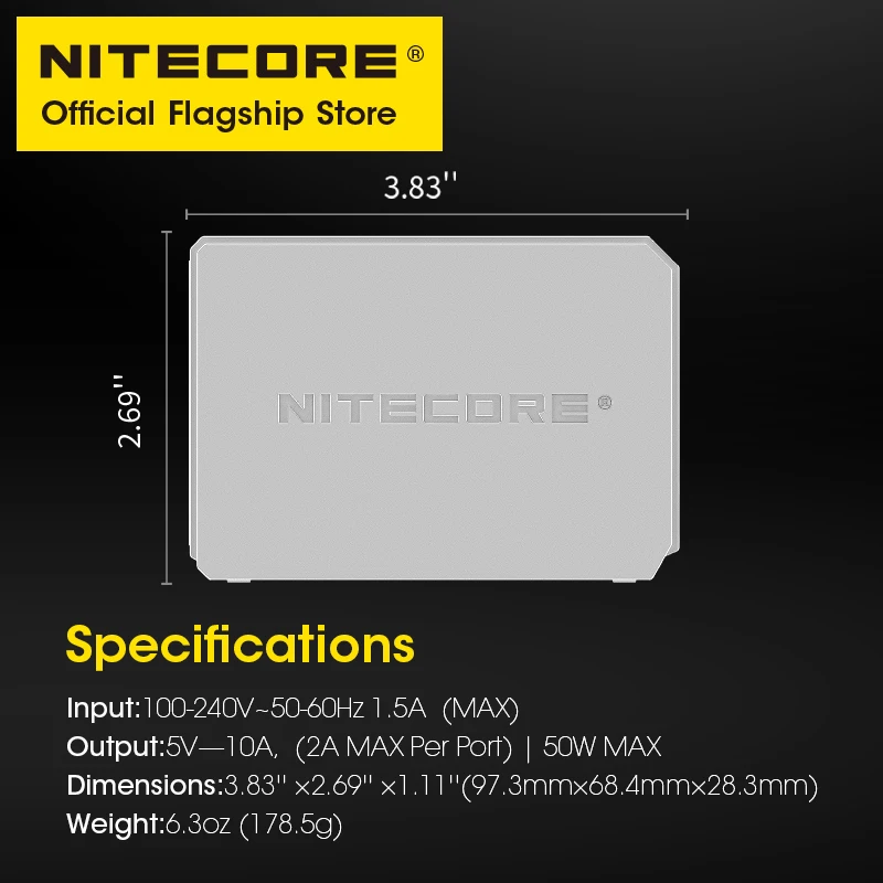 NITECORE-Adaptador de carga USB multipuerto UA55, Cable de alimentación de CA, 50W, alta velocidad, carga en ayuno para 5 dispositivos, teléfono y tableta