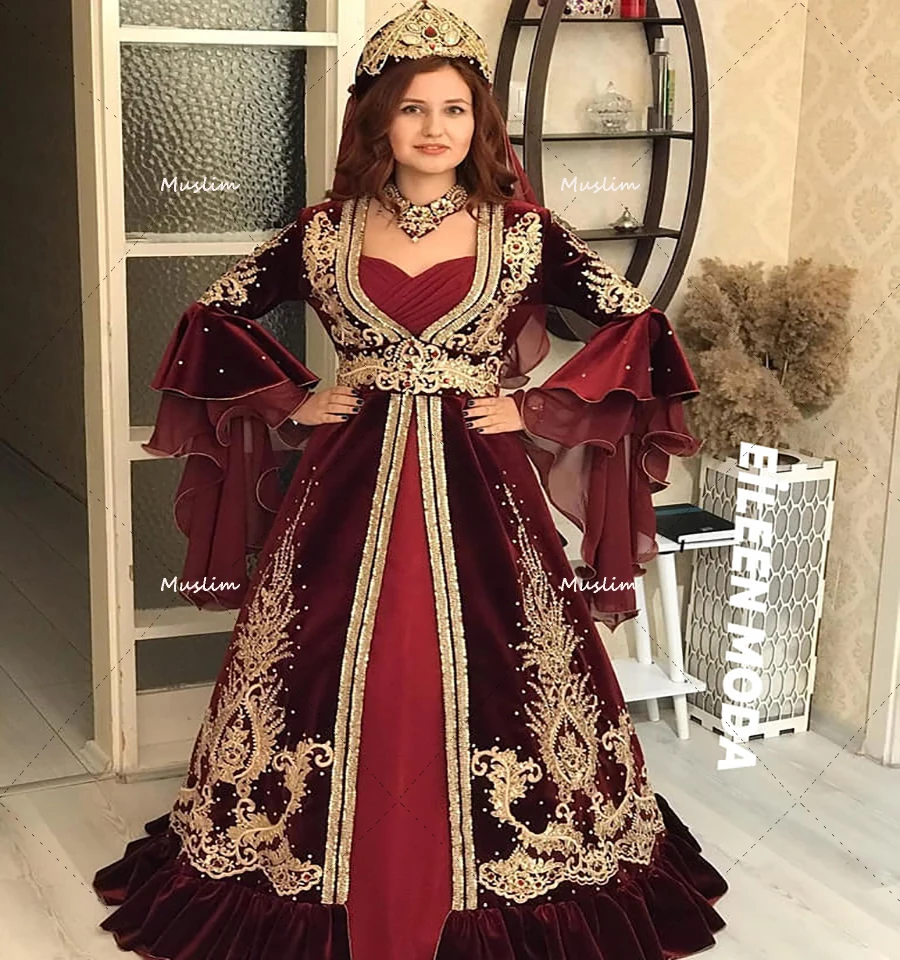 Luxury Kaftan Abaya Burgudy Moroccan Evening Dress Puff Sleeve Velvet Pearl Bead Lace Muslim Prom Turish Israel Party Customized