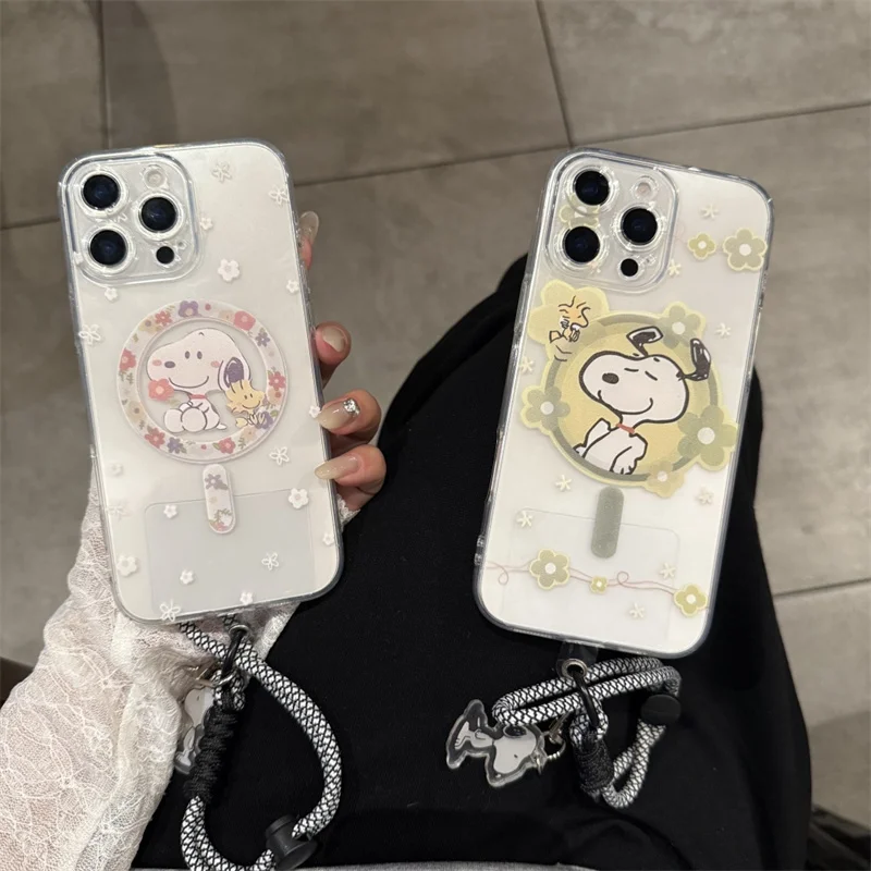 

Cute Snoopy peanut Clear TPU Magsafe Wireless Charge Case For iPhone 11 12 13 14 15 16 17 Pro Max Plus Snoopy Magnetic Stand﻿﻿