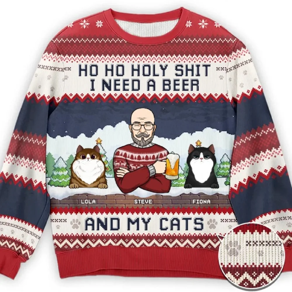 Funny Christmas Ugly Knitted Sweater Xmas Santa Claus Cat Animal Colorful Tattoo Retro 3D Print Harajuku Casual Long Sleeves