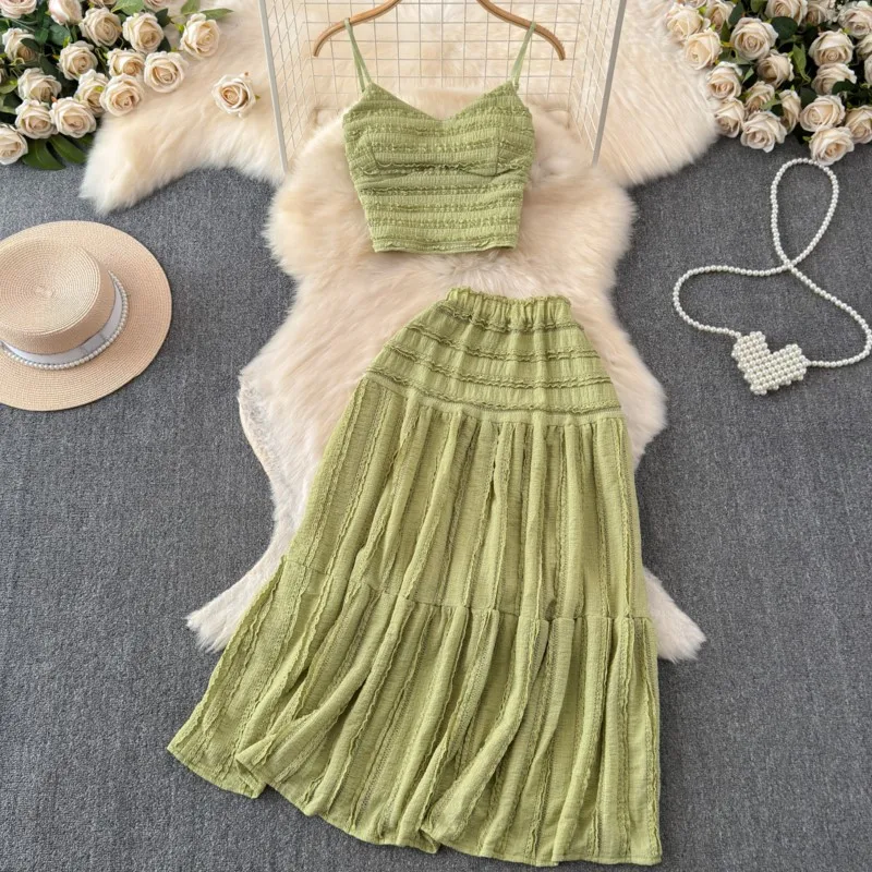 Elegant and Chic Women Summer Skirts Suit Spaghetti Strap Crop Tops A-Line Saya Outfits Female Beach Holiday Two Pieces Set