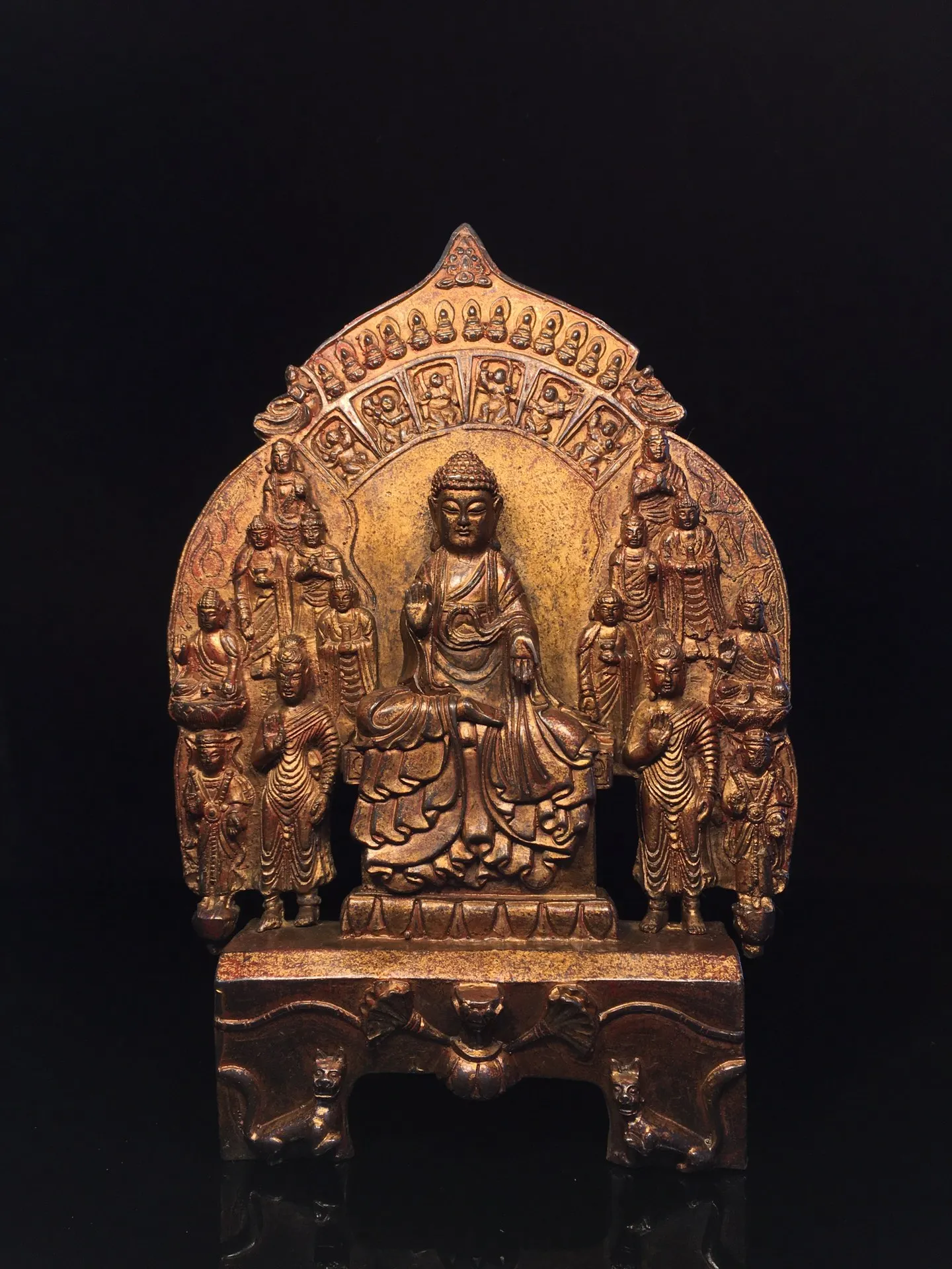 

13"Tibetan Temple Collection Old Bronze Cinnabar Mud gold Northern Wei Buddha Shakyamuni Buddha platform Worship Hall Town house