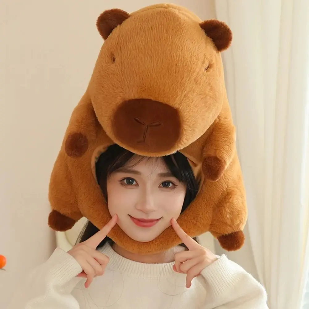 Cute Stuffed Doll Capybara Plush Hair Cap Thick Fluffy Capybara Head Mask Soft Collection Plush Animal Rodent Hat Children Gift