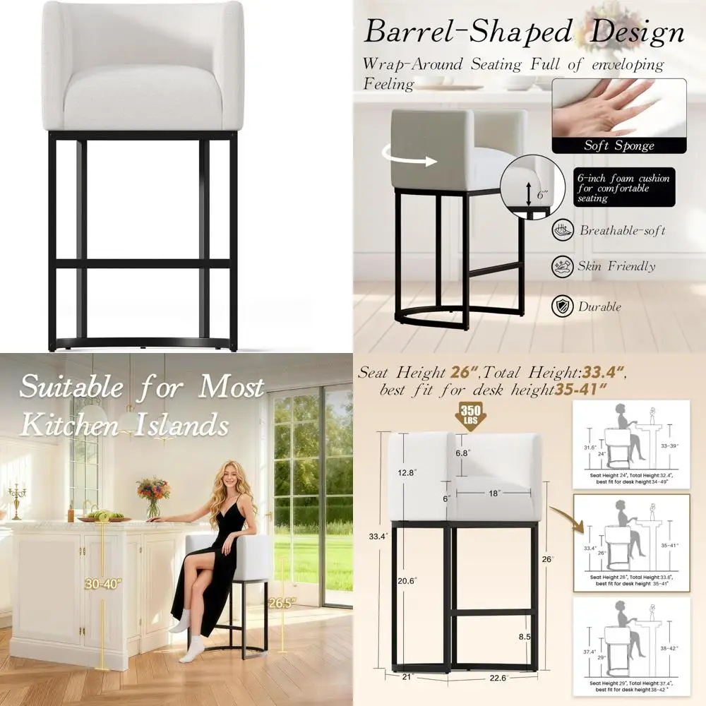 Fabric-Covered Counter Height Bar Stools Set, 26 Backrest Chairs for Kitchen Island