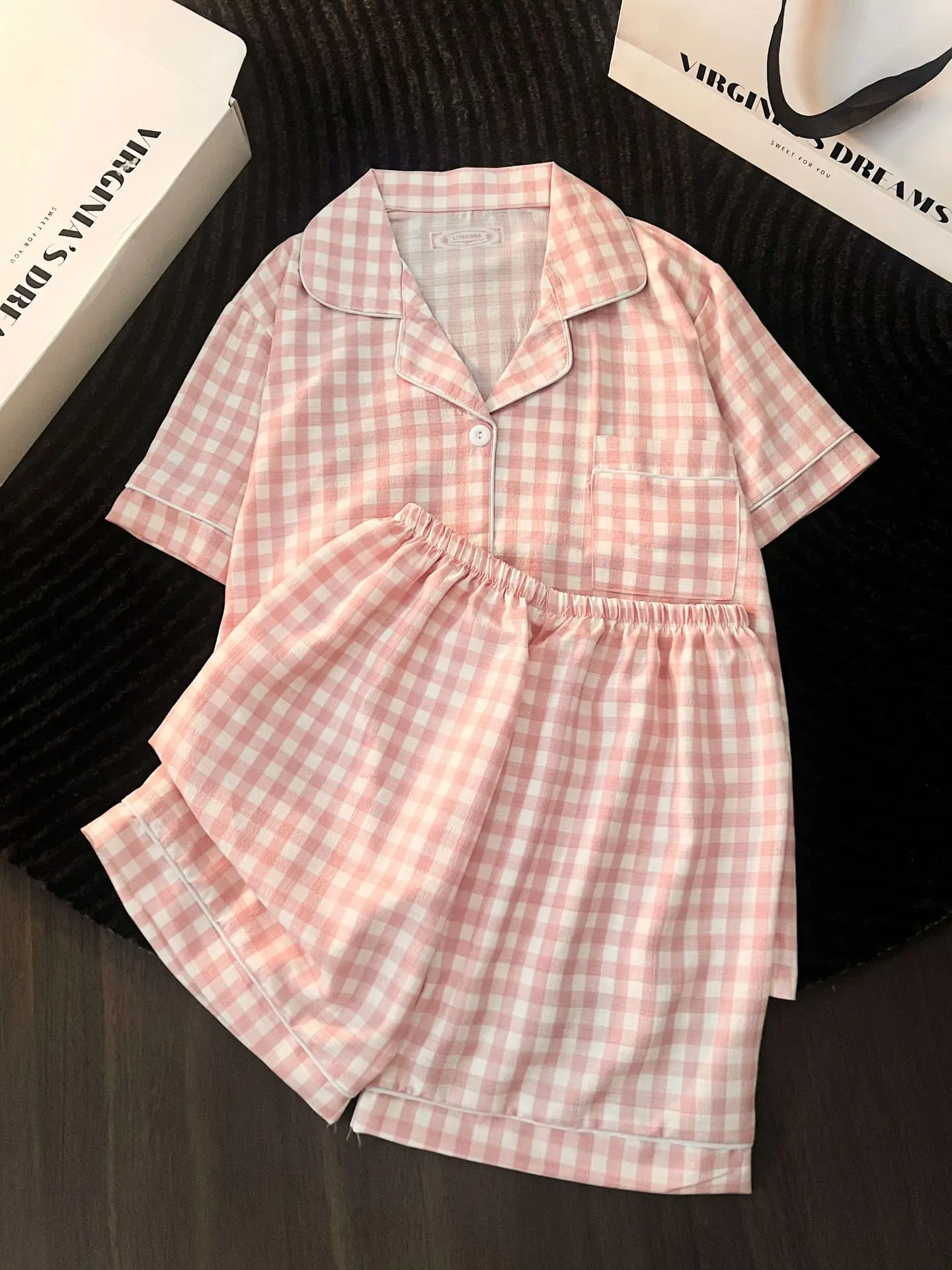 Ins japanischer minimalistischer Damen-Pyjama im japanischen Stil, Sommer-Pyjama aus Blasenbaumwolle, süßes Mädchen-Set mit lockeren Kurzarm-Shorts, lockeres Sommer-Outfit-Set – Detail 26