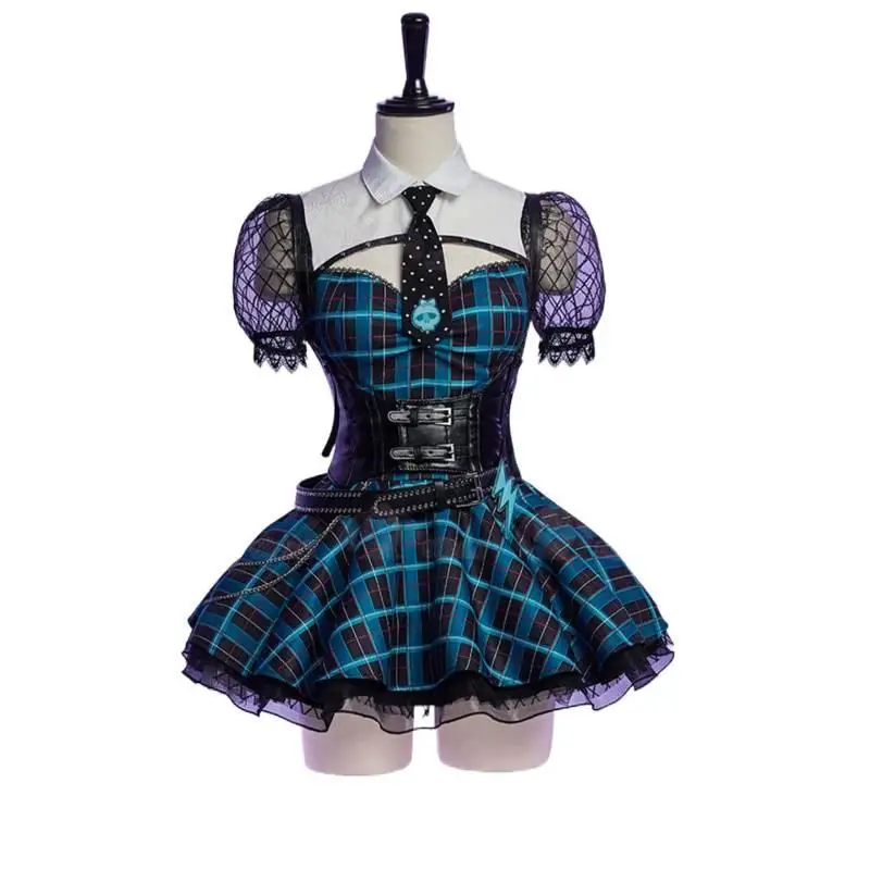 

Monster Cos High Frankie Stein Cosplay Costume Gothic Blue Black Plaid Dress Waistband Tie Halloween Party Christmas Clothes