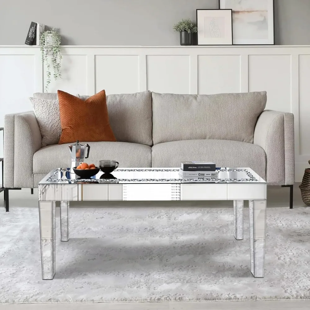 Gleaming Silver Coffee Table with Crystal Accents, Rectangular Glass Top with Mirrored Edges, Contemporary Living Room Centerpie