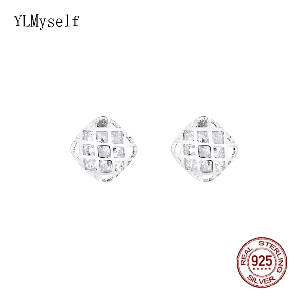 

Real 925 Silver Metal Stud Earrings Grid Round/Square design Pave Shiny Cubic Zircon Cute Fine Jewelry Gift For Women