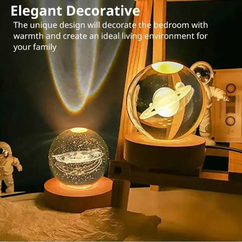 3D Crystal Ball Night Light USB Direct Plug Bedside Table Lamp Galaxy Solar System Warm Ambient Lighting Creative Children Gift