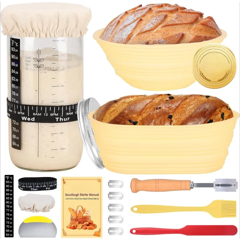 Sourdough Starter Kit, 34oz Sourdough Starter Jar, 2 Bread Proofing Baskets, Thermometer, Feeding Time Tracke