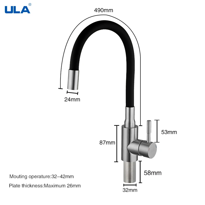 ULA Flexible Kitchen Faucet Black Chrome Kitchen Hot Cold Water Mixer Tap Spout 360 Degree Rotate Sink Faucet with Colorful Hose