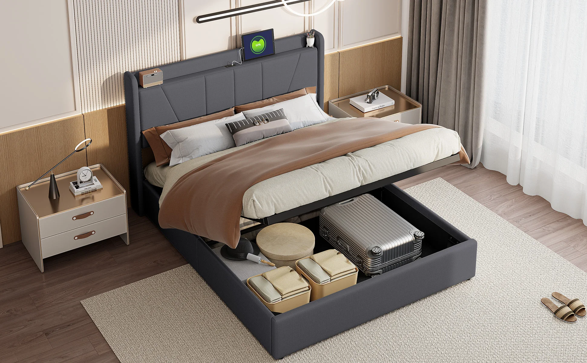 Comanlai Doppelbettgestell 160x200cm Grau Gasdruckfeder-Bett mit Stauraum, 2 USB-Anschlüssen und 1 Typ-C-Anschluss, Gepolstertes Bettgestell – Detail 2