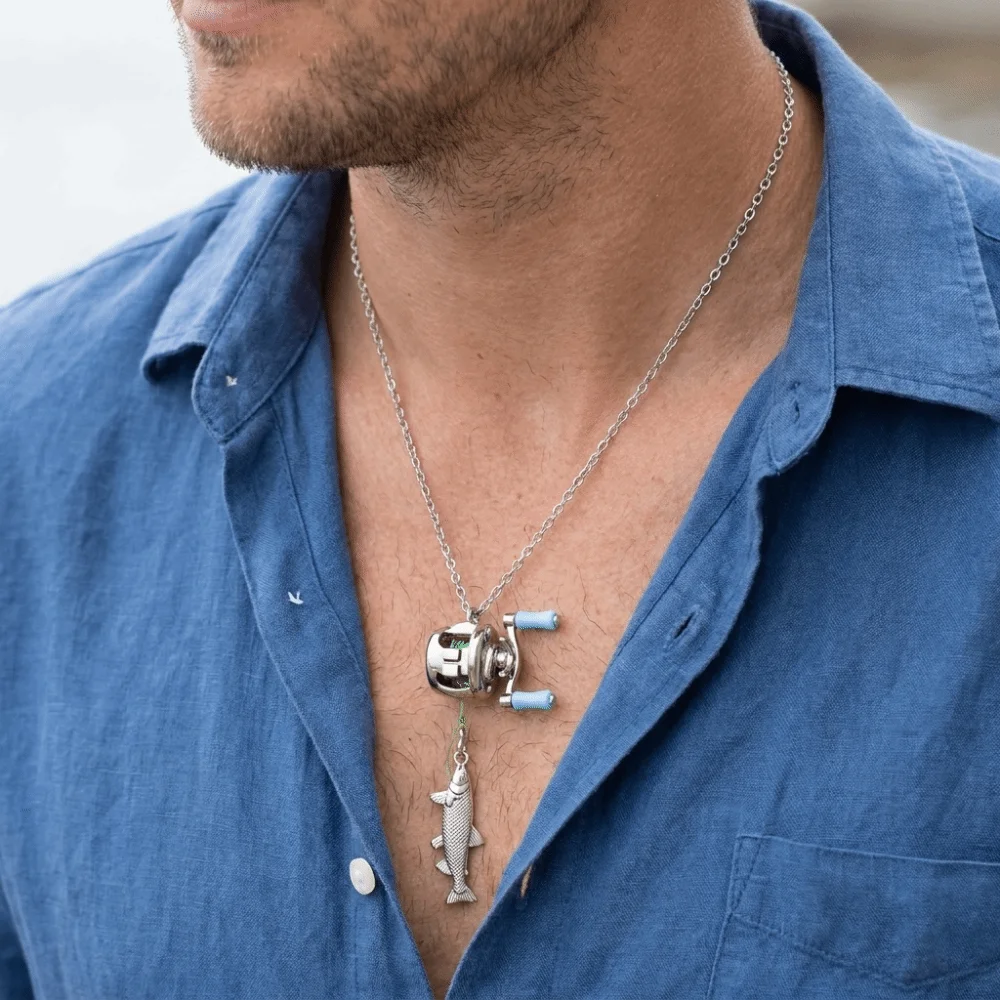 Men Accessories In Silver - Luxury Fishing Reel Necklace Detachable Exquisite