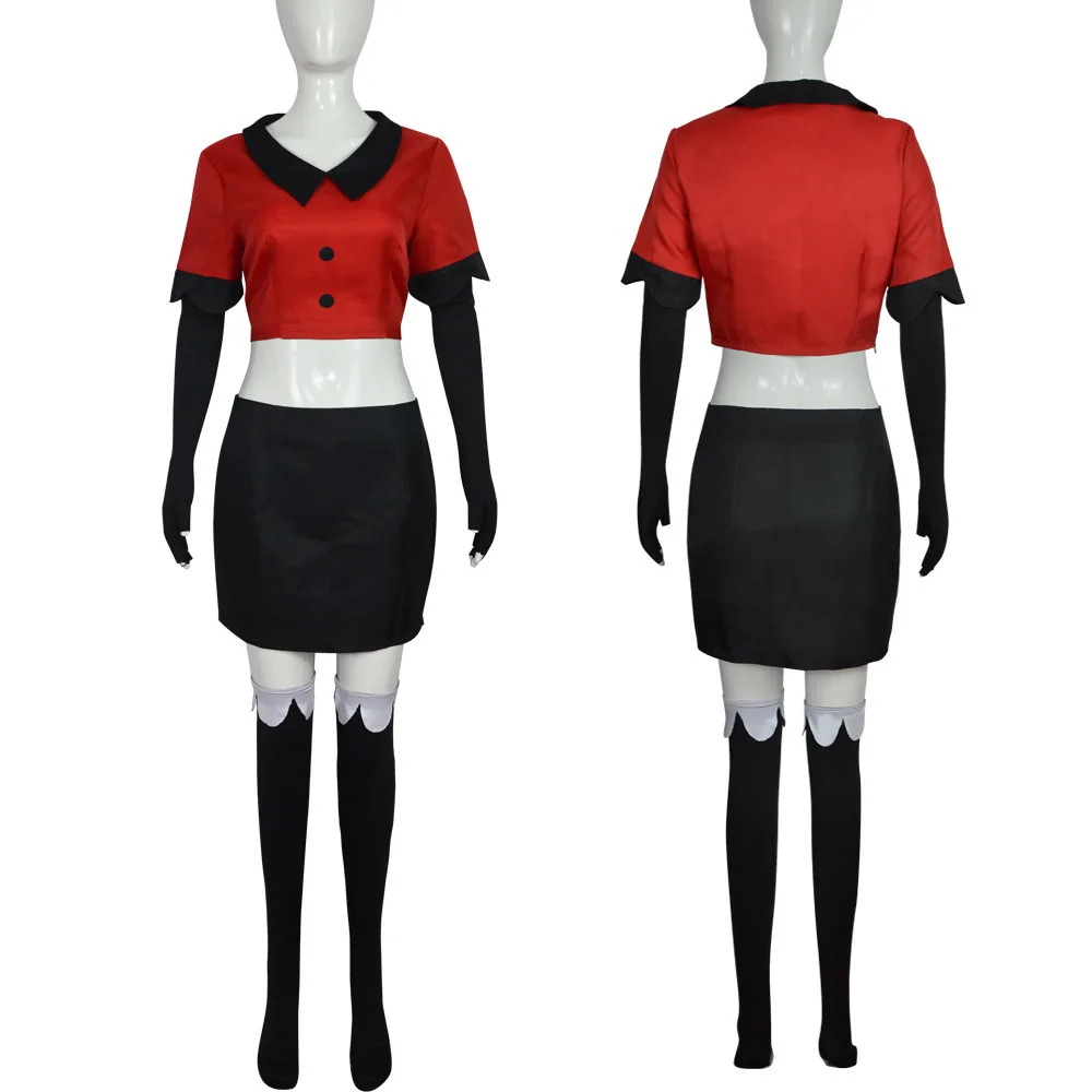 Anime Vaggie Cosplay Costume Haz bin Cos Hotel Red Uniform Top Skirt Gloves Socks Full Set Suits for Adult Halloween Party Fancy